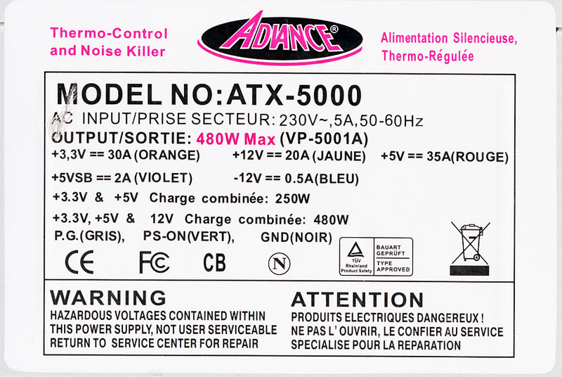 ALIMENTATION ATX Advance ATX-5000 silencieuse thermo régulée 480W